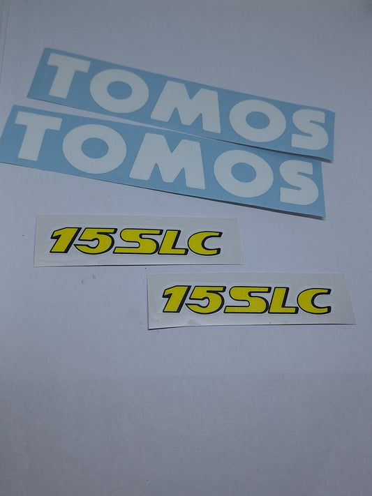 Stickerset wit Tomos 15 SLC (2x sticker TOMOS / 2x sticker 15 SLC)