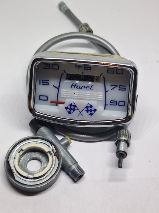 Kilometerteller cpl. Huret model Lucia 0-90 km NOS vlaggetjes