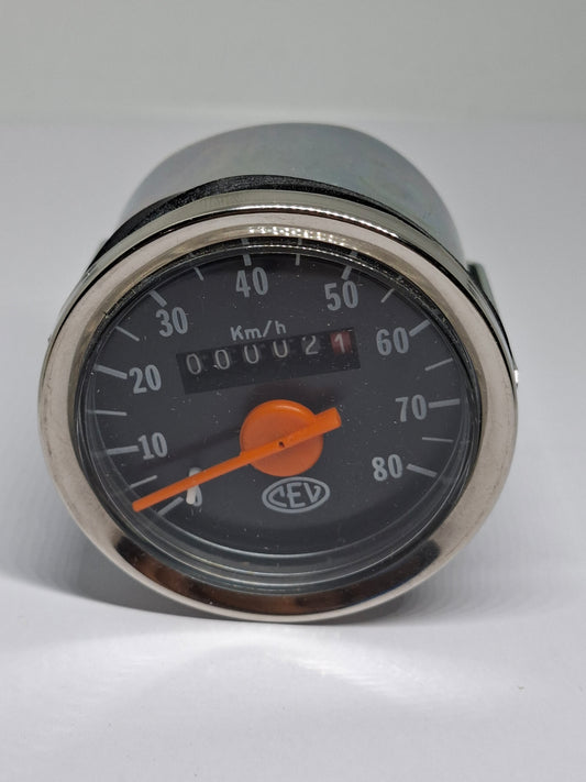 Kilometerteller CEV 0-80 km NOS 60mm chroom rand, metalen behuizing