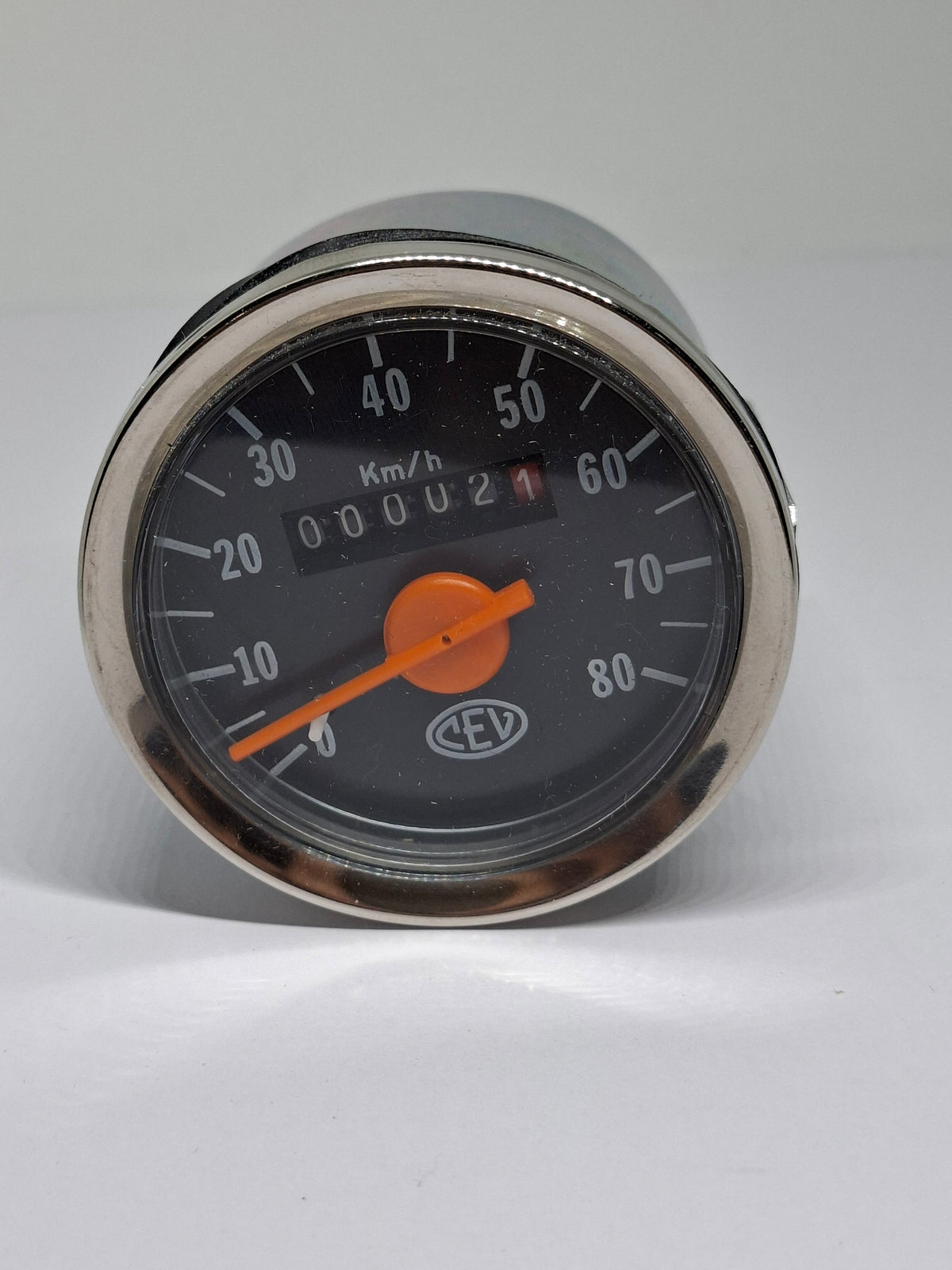 Kilometerteller CEV 0-80 km NOS 60mm chroom rand, metalen behuizing